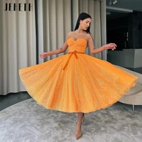 jeheth sparkly orange tulle short prom dresses 2022 sweetheart tea length a line with bow belt evening party dresses backless