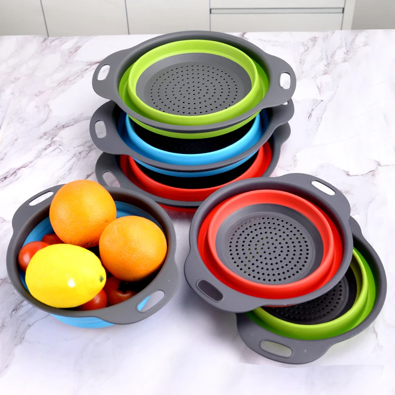 

[ 2 PCS ] Folding Drain Basket Fruit Basket 2-Piece Large and Small Kitchen Retractable Draining Basket Storage Basket