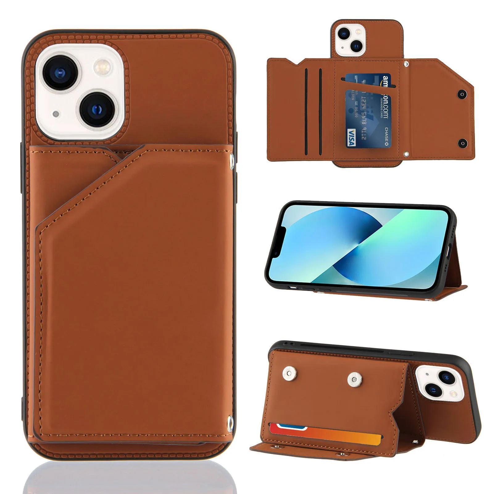 

Skin Feel Leather Card Bag Phone Case For iPhone 13 12 11 14 Pro Max X XS XR 7 8 Mini Plus Wallet Slot Fashion Back Cover YB