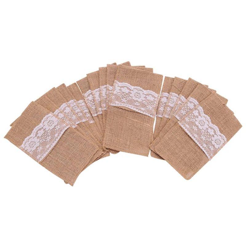 

75Pcs Burlap Lace Cutlery Pouch Rustic Wedding Tableware Knife Fork Holder Bag Hessian Jute Table Decoration Accessories