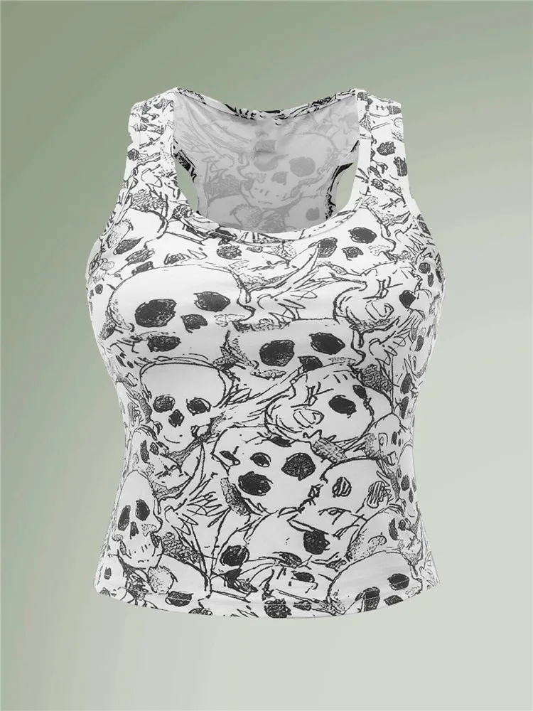 

Женский топ с принтом черепа Goth, летний укороченный топ без рукавов с круглым вырезом, футболка в стиле гранж, Y2K, уличная одежда, 2023
