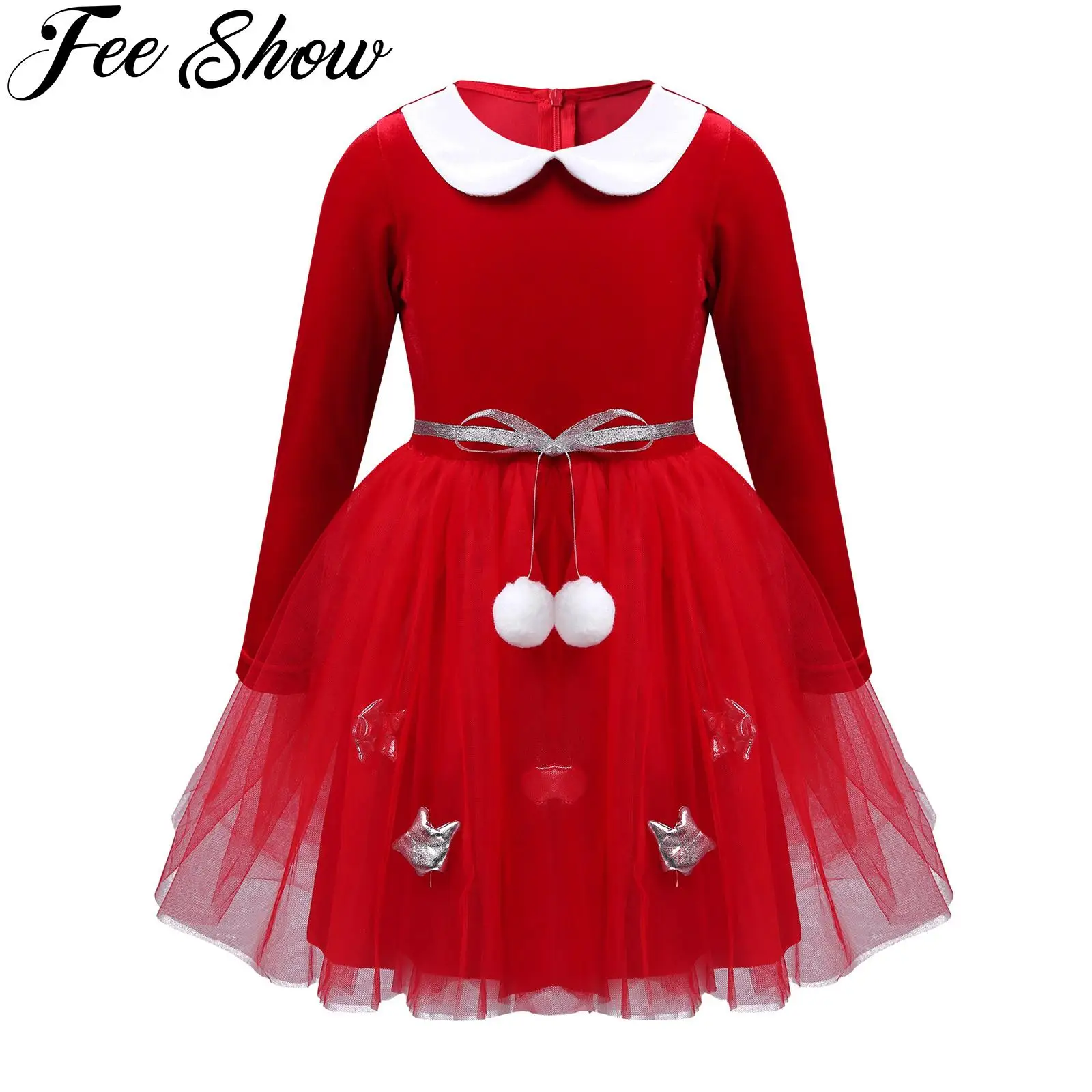

Baby Girls Christmas Lace Doll Collar Dress Birthday Party Pettiskirt Princess Bow Sequined Long sleeve Skirts Dress for girls