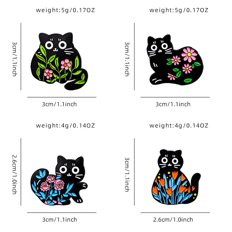 Милые эмалированные булавки в виде мультяшных цветов и кошек черная деталь для