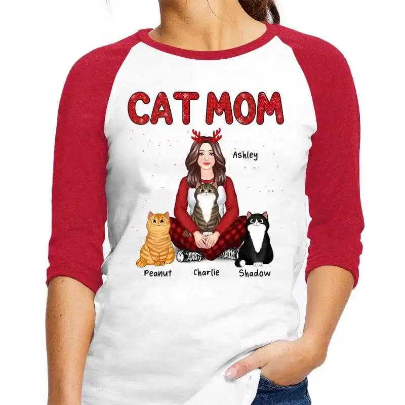 

Cat Mom Red Pattern Pretty Woman & Fluffy Cat Personalized Raglan Shirt