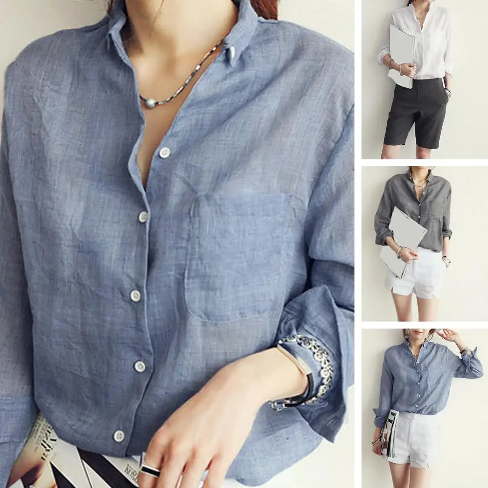 

Loose Fit Women Shirt Loose Fit Women's Lapel Long Sleeve Shirt Single-breasted Patch Pocket Casual Workwear for A Stylish
