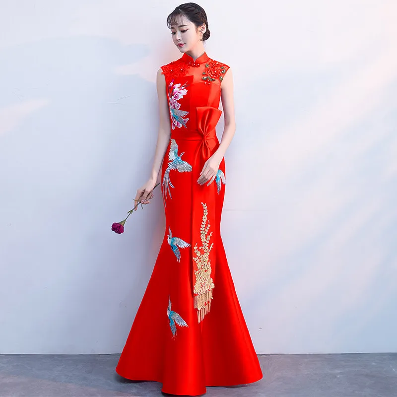Elegant Mermaid Formal Party Dress Chinese Style Satin Celebrity Banquet Qipao Cheongsam Embroidery Applique Vestidos