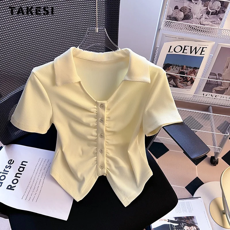 

Женская футболка с коротким рукавом, однотонная привлекательная облегающая футболка с отложным воротником в стиле пэчворк, лето 2023