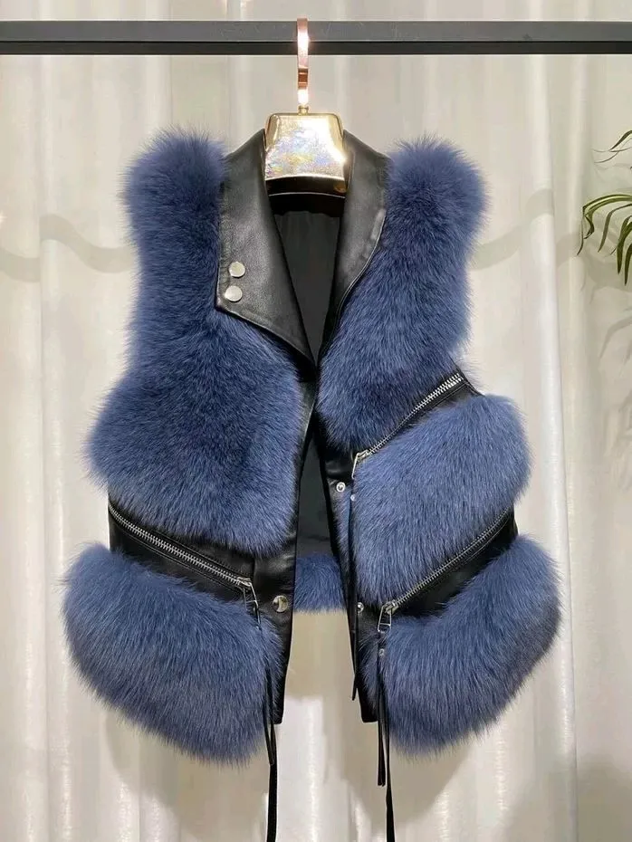 Leather vest Women's lapel no cufflinks Slim fit large imitation fur coat 2021 fur one-piece jacket