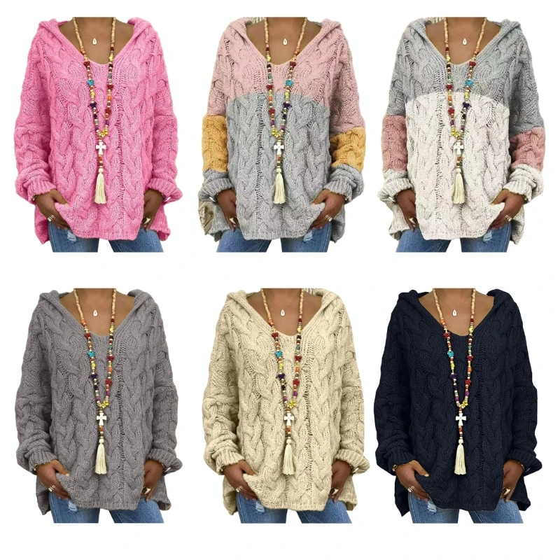 

95AB женские осенние толстовки с капюшоном вязаный свитер повседневные пуловеры с длинными рукавами и v-образным вырезом топы