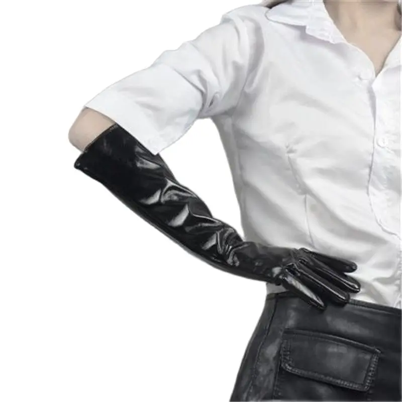 40cm Long Leather Gloves Female Patent Leather Shine Black Faux Sheepskin PU Women Gloves Stage Performance Photography HPU27