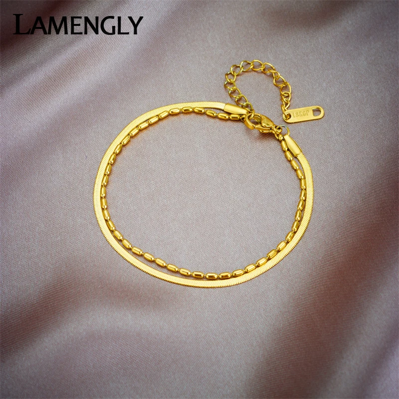 

LAMENGLY 316L Stainless Steel 2-Layer Flat Snake Chain Bracelets For Women New Simple Non-Fading Wrist Jewelry Gifts Pulseira