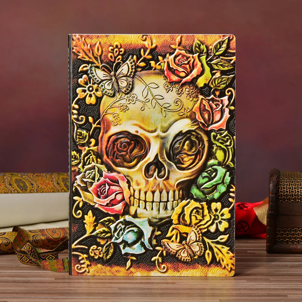 

A5 Embossed Skull Vintage Notebook Multicolor Retro Notepad Hardcover PU Dairy Planner Leather Journal Notepad School Stationery