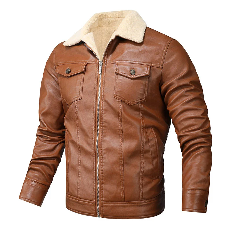

PU Fashion Brand Winter Men's Leather Jackets Slim Fit Motorcycle Outwear Coats Male Bomber Outdoor Thicken Fleece Warm Jacket