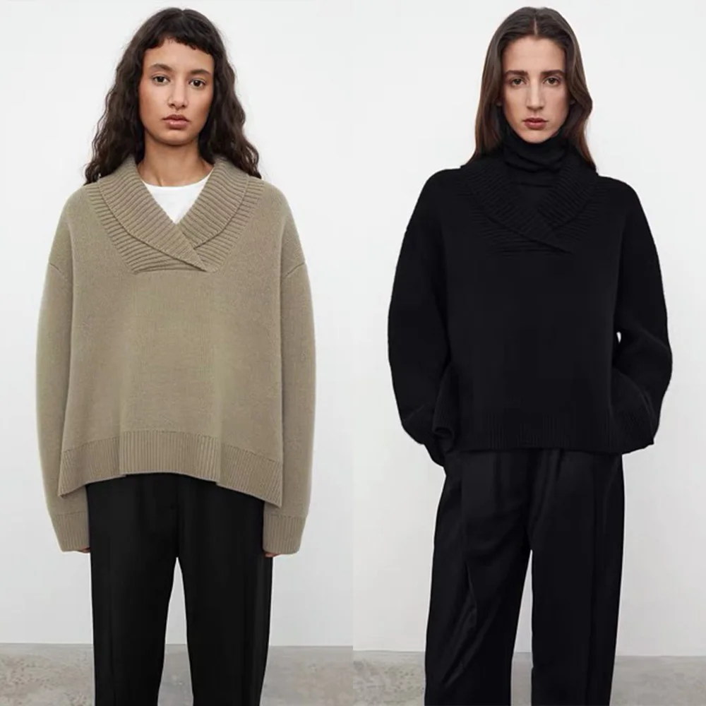 

Женский джемпер с воротником-шалью T @ teme, Осень-зима 2023, повседневный Свободный пуловер с лацканами, вязаный джемпер, джемпер