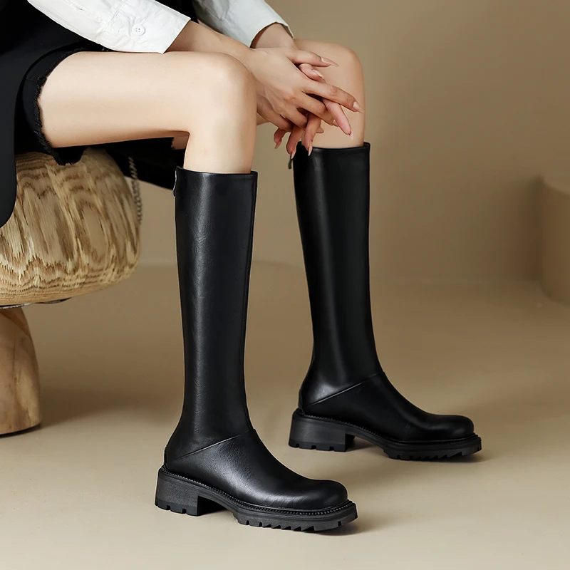 

Женские осенне-зимние сапоги до колена из натуральной кожи, модная лаконичная обувь на толстом каблуке, женские повседневные длинные сапог...