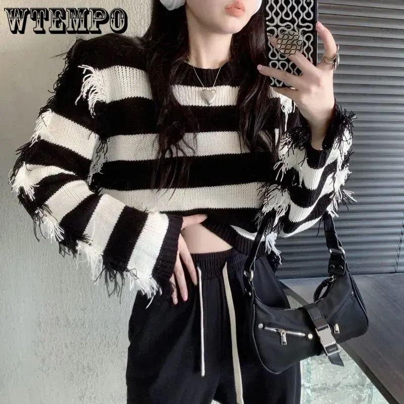 

Женский полосатый свитер с бахромой Y2K, вязаный пуловер с круглым вырезом и длинным рукавом, готический джемпер, Свободный укороченный топ черно-белого цвета