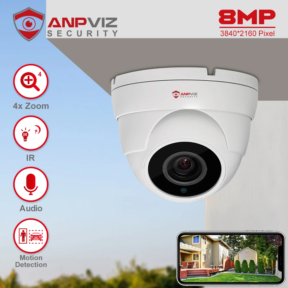 

Anpviz 8MP IP Camera Outdoor Security 4X Zoom Dome CCTV Surveillance SD Card Built-in Mic H.265 Motion Detection 2.0 IP66 IR 30m