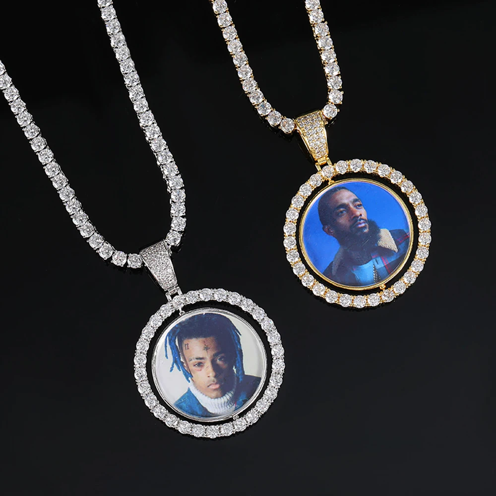 

Custom Photo Necklace For Men Rotating Double-Sided Medallions Spinning Pendant Bling Iced Out Hip Hop Jewelry