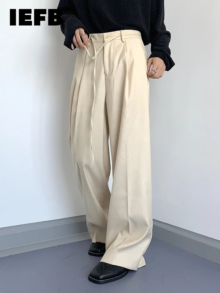 

IEFB Waist Ties Wide Leg Design Men's Casual Pants 2022 New Korean Style Fashionable Loose Simple Drape Dragging Trousers 9A2315