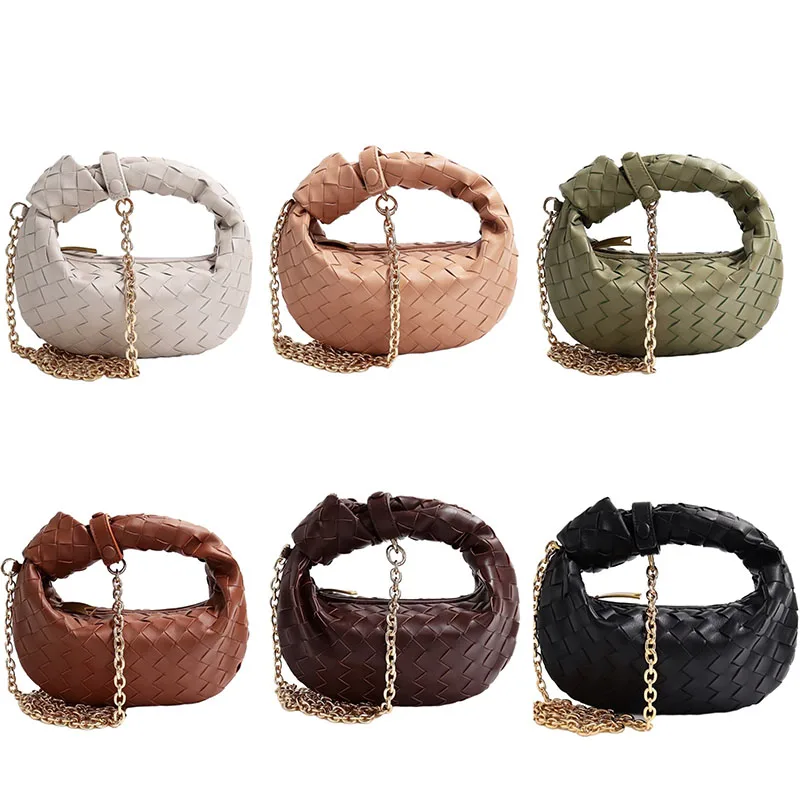 Knitting Knot Handbags For Women 100% Genuine Leather Girls Chain One Shoulder Bags Cowhide Solid Color Zipper Crossbody Bags
