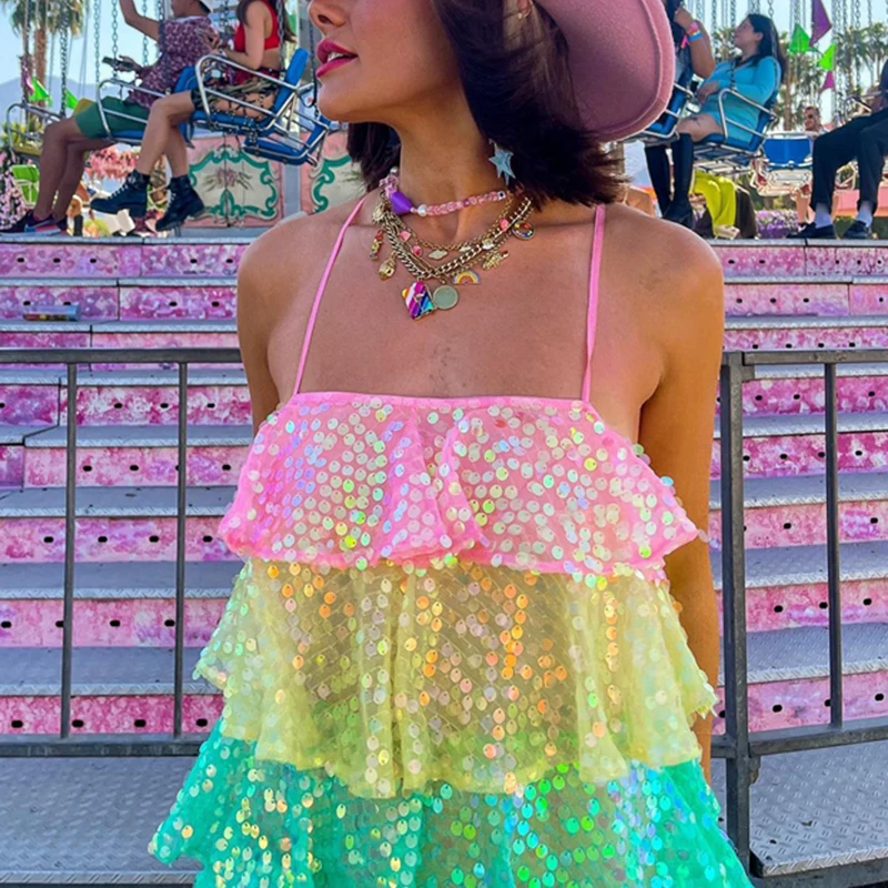 

Y2K Красочные Блестки оборки слоистые искусственные летние сексуальные с открытой спиной завязки Спагетти ремень Мини юбка для выпускного к...