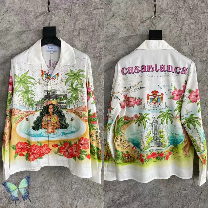 

Casablanca Long Sleeve Silk Shirt Oasis Island Lazy Scenery 2023 Summer Fashion Dress