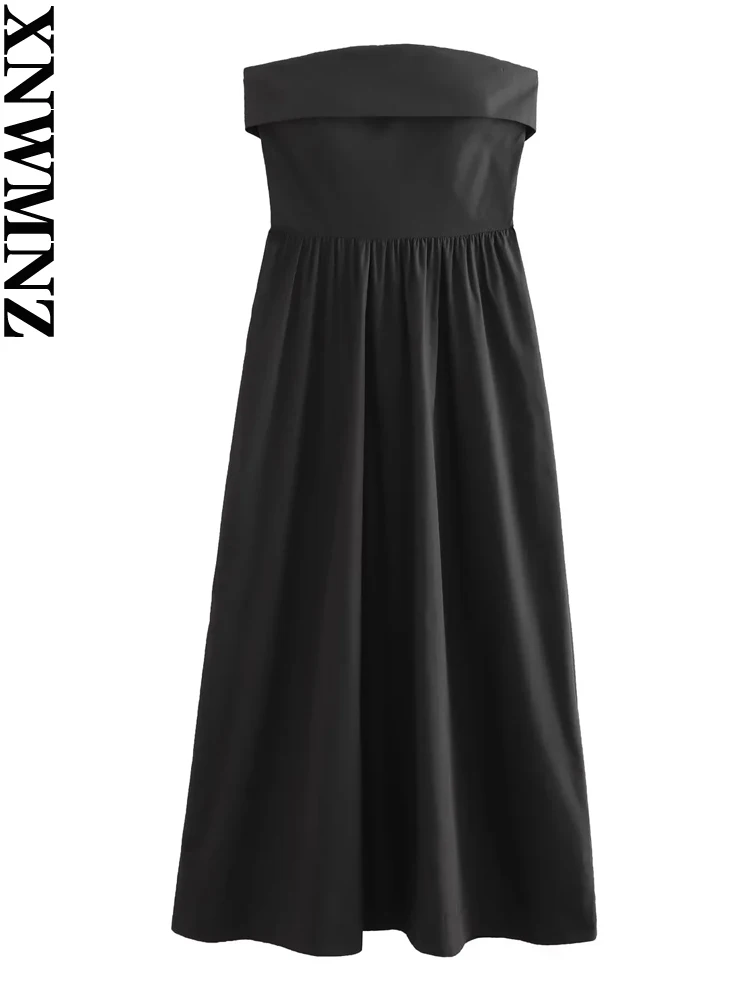 

XNWMNZ Women's Fashion Black Strapless Long Dress Woman Party Style Side in-seam Pockets Invisible Zipper Female Chic Dresses