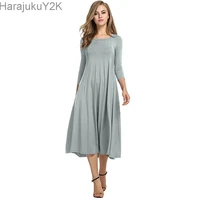 2022 spring autumn fashion womens ladies mid sleeve long dress crew neck solid color big hem plus size female party casual wear