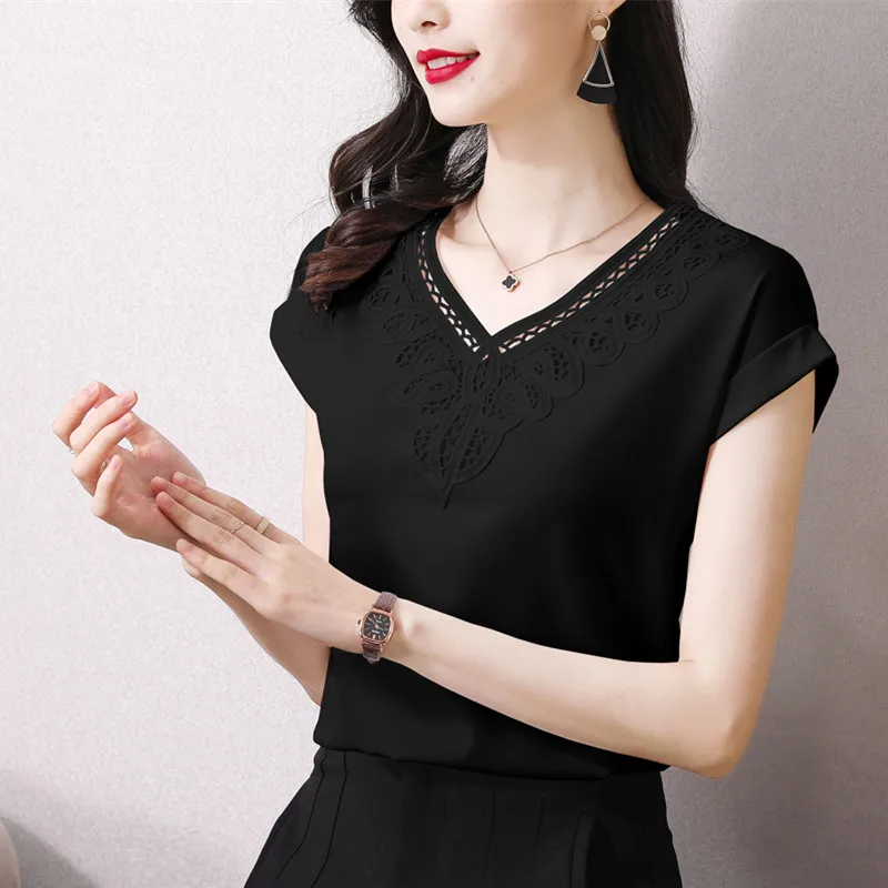 

Acetate Satin Lace Edge V-neck Short Sleeve Women's 2022 Summer Korean Design Shirts For Woman Office Lady Women Clothing
