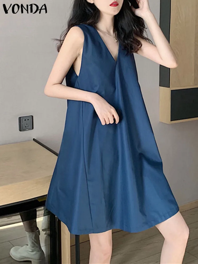 

Пикантное женское пляжное мини-платье VONDA с V-образным вырезом, летний сарафан без рукавов 2023, модные повседневные однотонные платья-трапеции с карманами, платье
