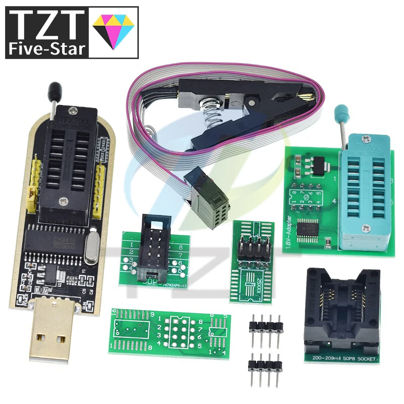 Программатор TZT CH341A CH341B 24 25 Series EEPROM модуль USB-программатора с флэш-BIOS + зажим SOIC8 SOP8