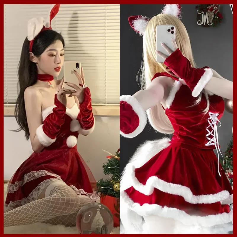 

Women Christmas Lady Santa Claus Cosplay Costume Winter Red Top Skirt Cape Cloak Sexy Lingerie Maid Bunny Uniform Fancy Dress