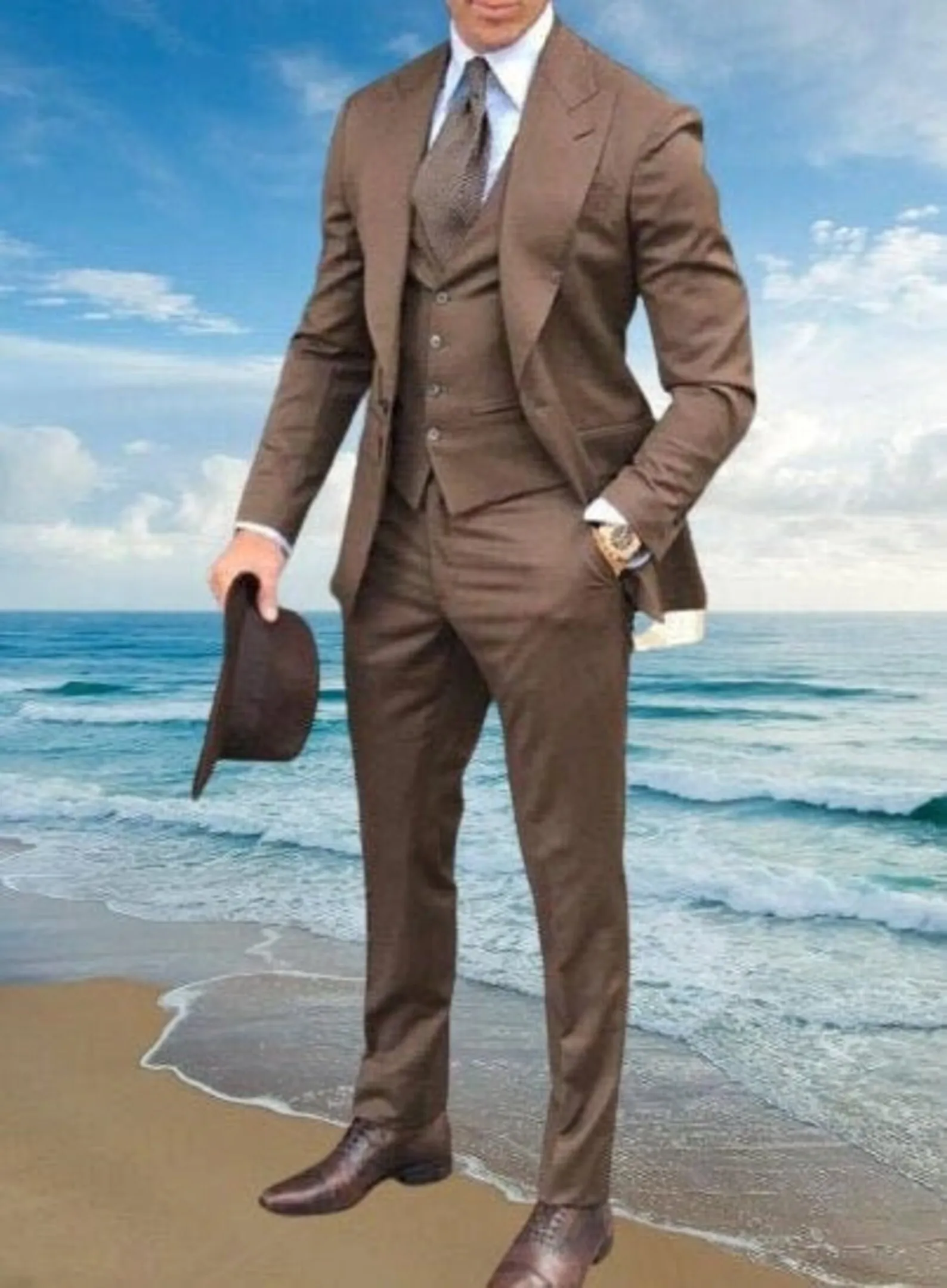 

Classy Brown Slim Fit Suits For Men Wedding Business Party Tuxedo Bridegroom Blazer Sets 3-Piece Jacket+Pants+Vest Costume Homme