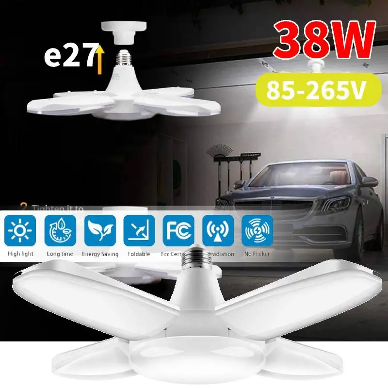

E27 LED Garage Lights 38W Deformable Led Garage Lights Led Bulbs Tubes Ceiling Lights With 4 Ajustable Panels Lighting Home
