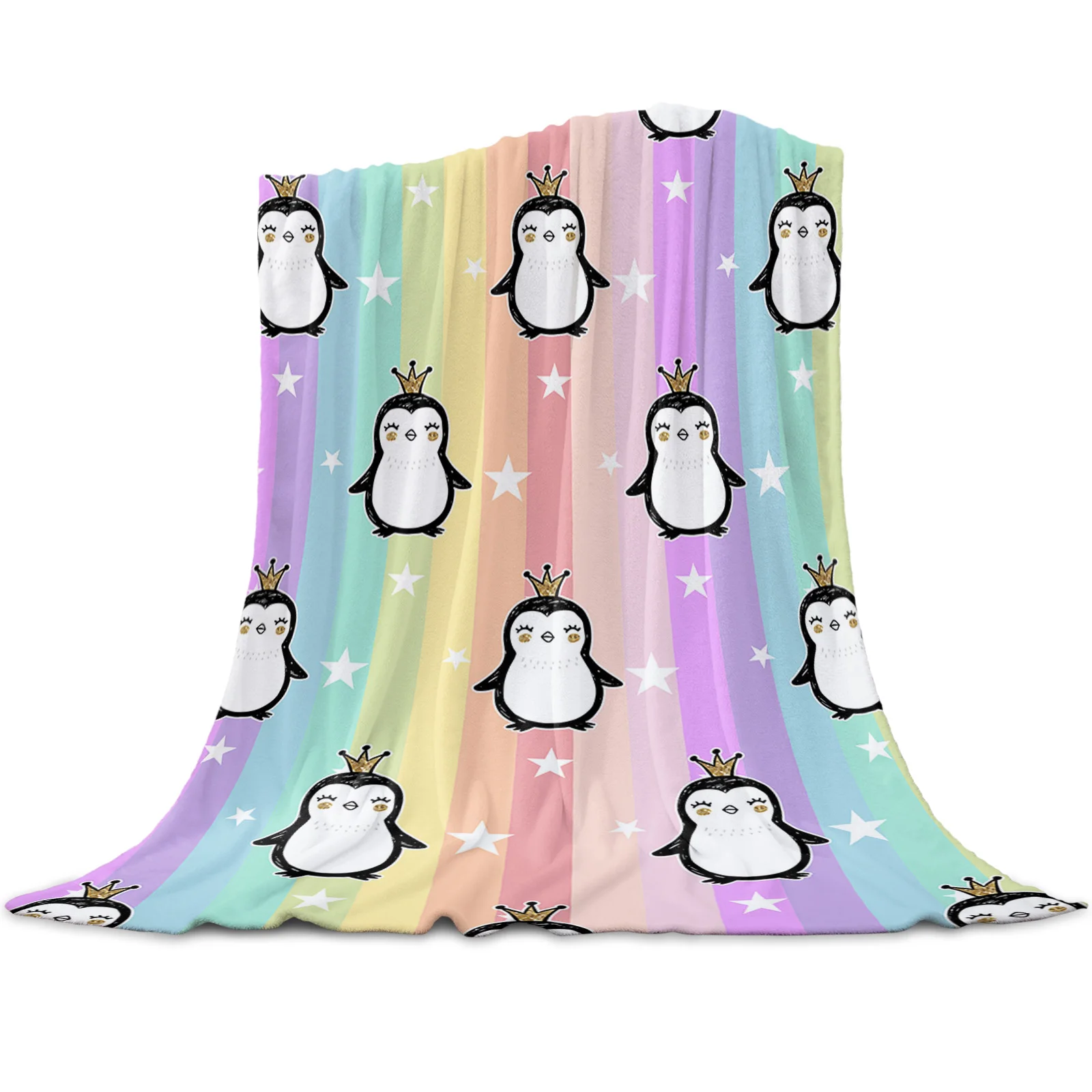

Penguin Stars Rainbow Stripes Flannel Throw Blanket Children Adult Sofa Travel Camping Throw Blankets for Bedding Warm Blanket