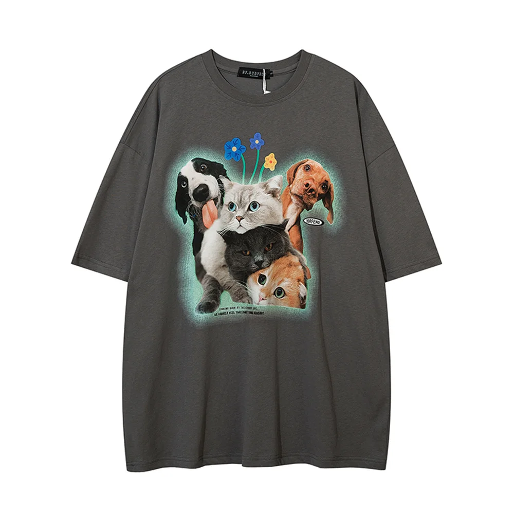 

2022 Men T-Shirt Hip Hop Streetwear Cute Cat and Dog Graphic Printed T Shirt Summer Harajuku Tshirt Short Sleeve Cotton Tops Tee