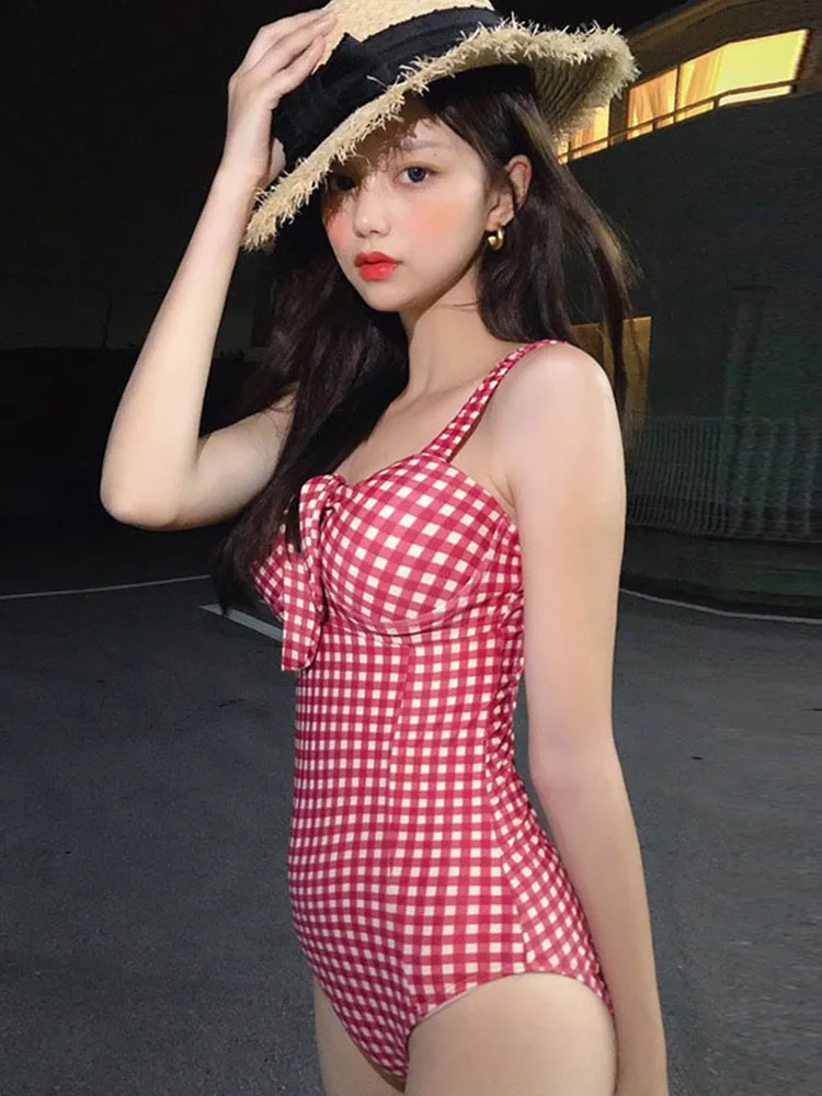 Сексуальный цельный купальник-бандо Женский клетчатый купальник монокини с
