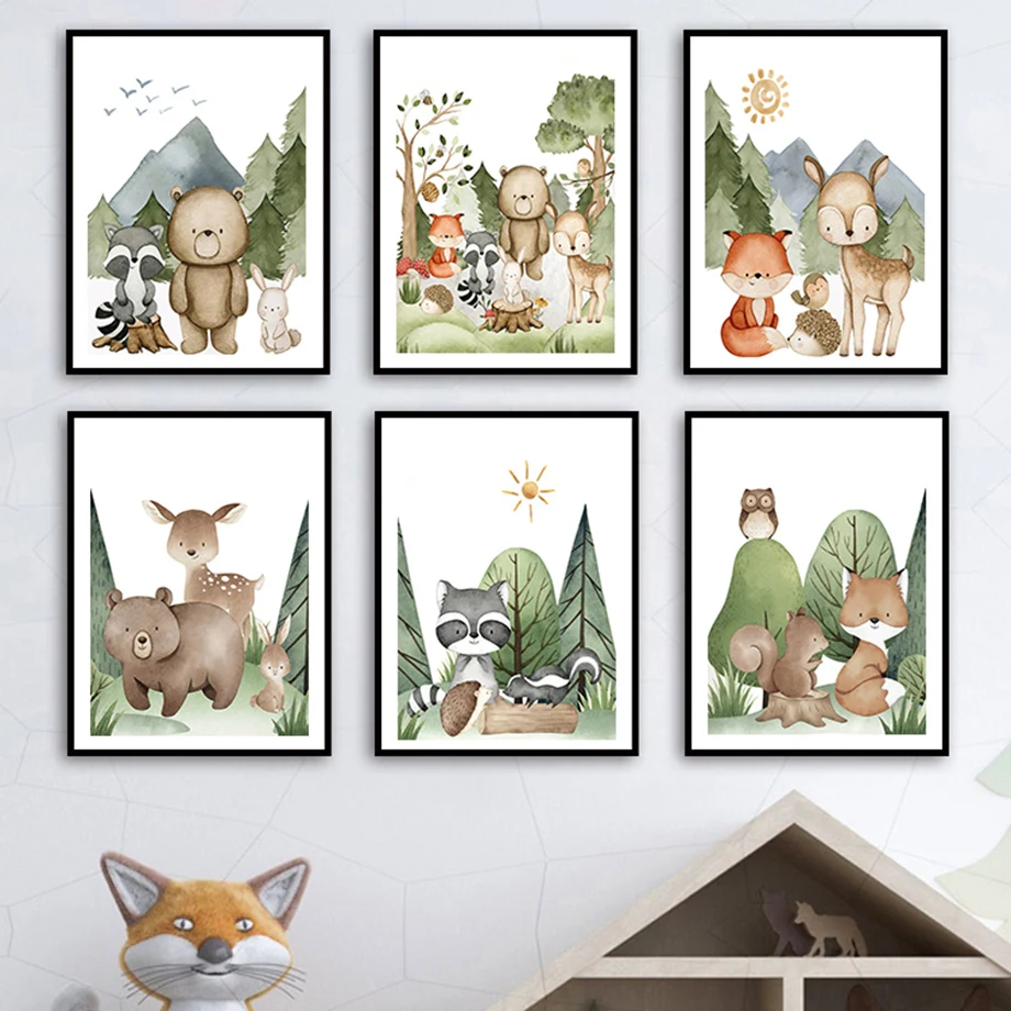 Мультяшный лес Кролик енот Олень Медведь Сова акварель скандинавский настенный