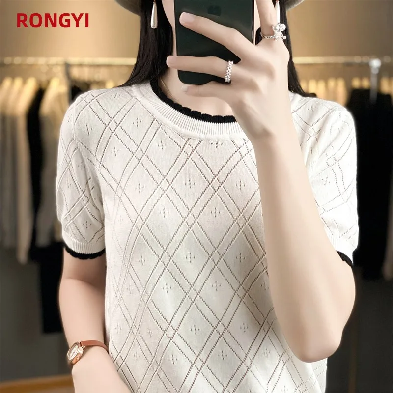 

RONGYI Summer New Women's 100% Cotton O-Neck Pullover Loose Thin Knitted Short-Sleeved T-Sleeve Vest Hollow Casual Fashion Top