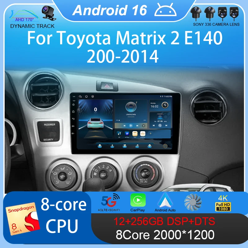 Фото Автомагнитола Android 16 Carplay Auto для Toyota Matrix 2 E140 2008-2014, мультимедийный плеер, навигация GPS №1