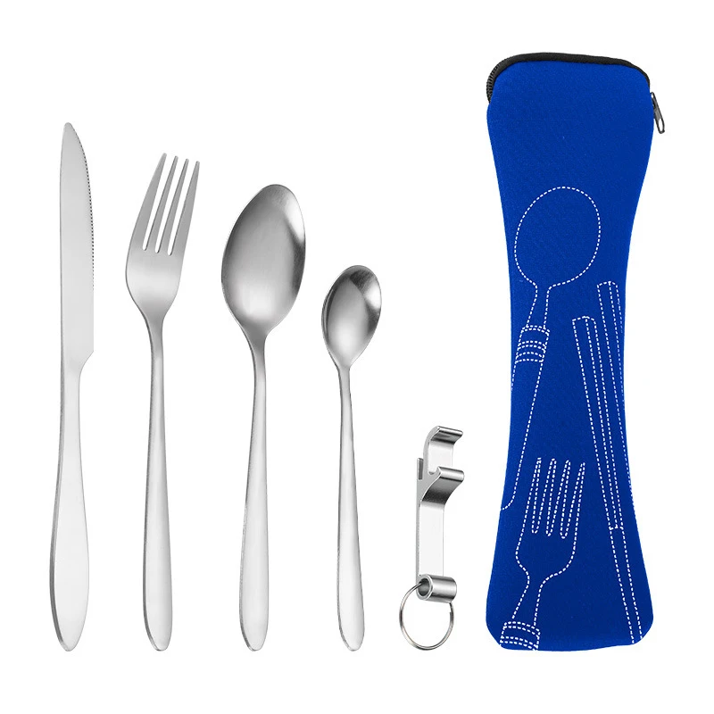 

5Pcs/set Steel Knife Fork Spoon Cutlery Set Dinnerware Family Travel Cutlery Portable Tableware With Storage Bag Picnic Cutlery