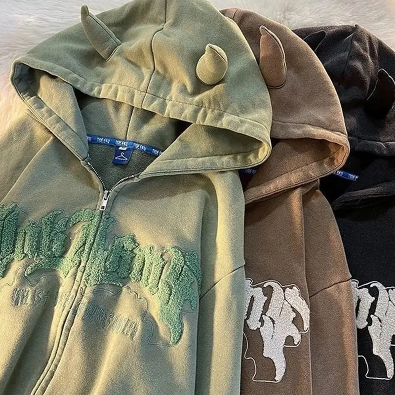 Harajuku Zip Up Hoodies Women Letter Embroidery Hooded Sweatshirt Retro Oversized Long Sleeve Street Couple Y2K Jacket Tops
