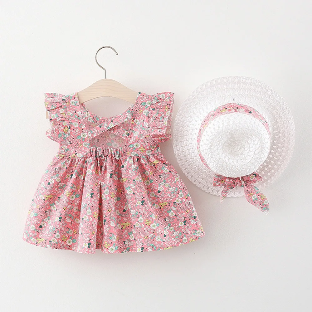 

Menoea NewBorn Girls Floral Dresses with Hat Summer Sweet Print Sleeveless Cotton Beach Dress Infant Baby Princess Vestidos
