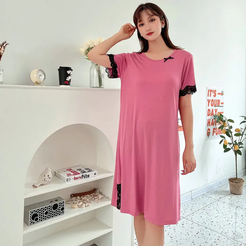 Modal Sleeping Nightshirt Women Spring Summer Nightgowns New Large Size Lace Night Dress Casual Loose Female Nightwear Dresses