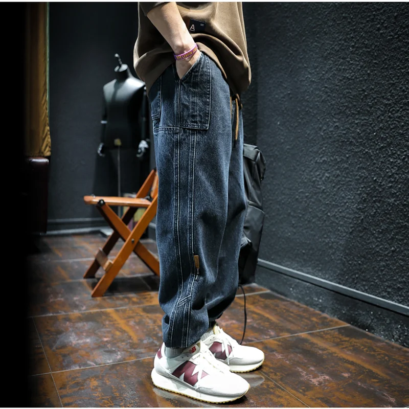 Men Clothing Autumn and Winter Loose Splicing Straight Cylinder Jeans Vintage Comfortable Navy Blue Plush Harun Trousers Female