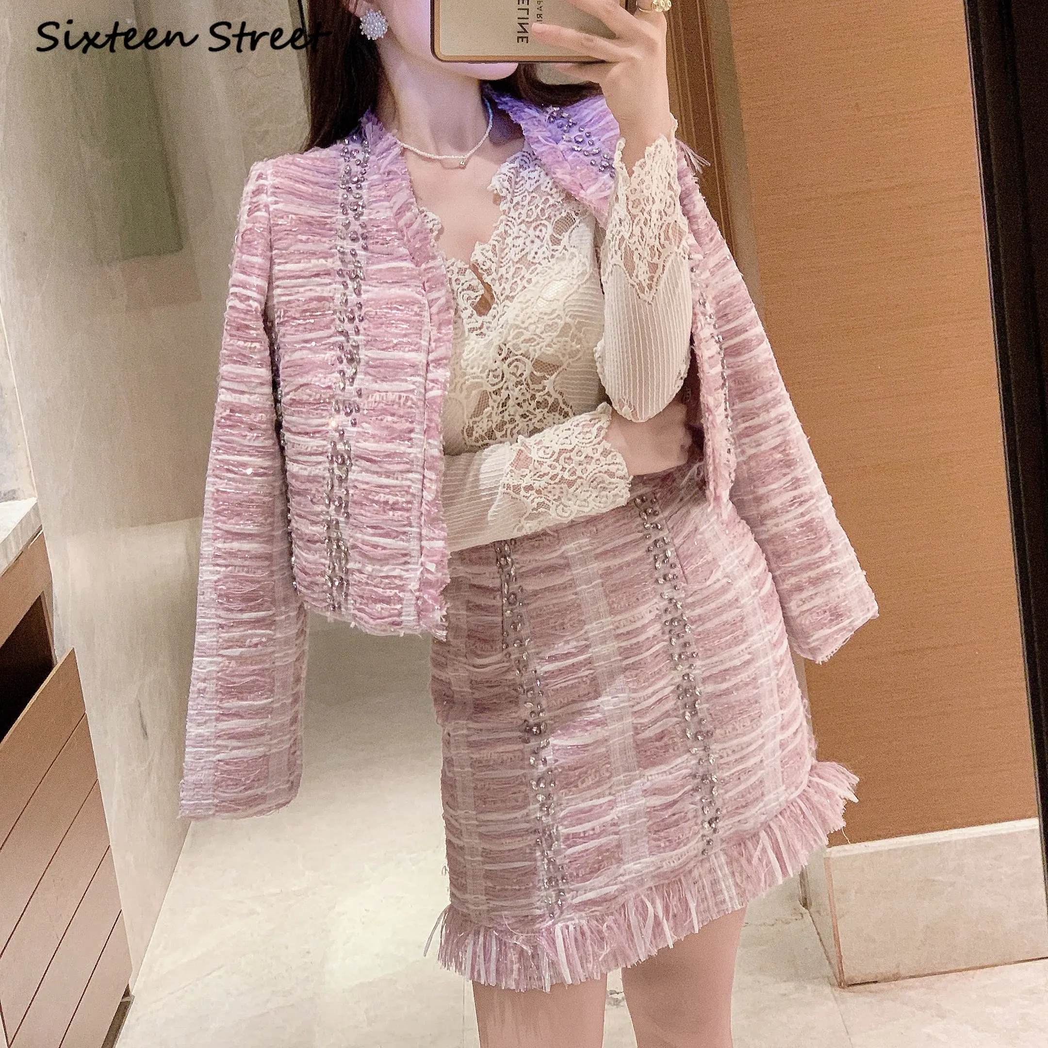 

Vintage Tweed Jacket + Mini Skirts Women 2023 Winter Diamond Beading Elegant Wool 2 Piece Sets Ladies Party Chic Skirt Sets