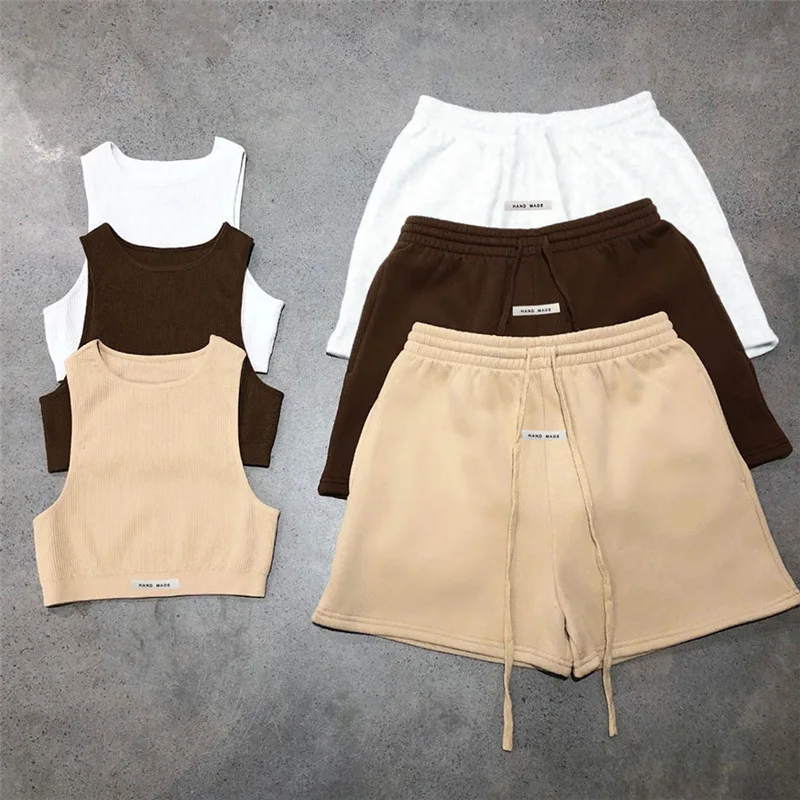 

Len Buck Sporty Solid Letter Two Piece Set Women Ribbed Skinny Tank Tops+ Loose Casual Bandage Shorts Matching Female Tracksuit
