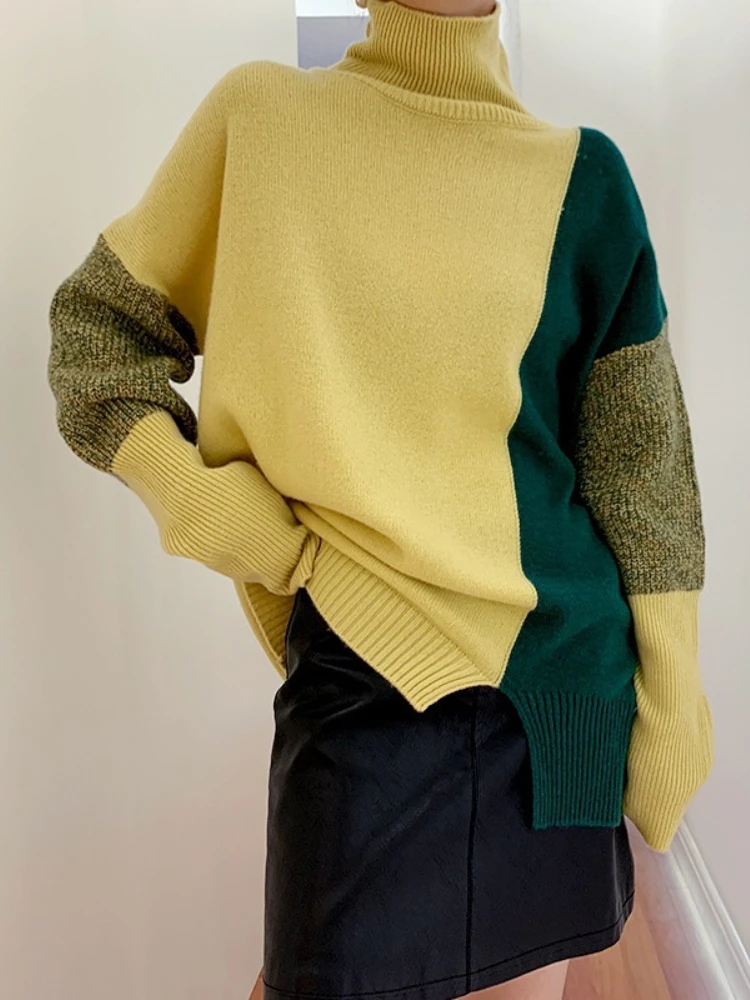 

High Neck Color Contrast Sweater Women's Autumn and Winter Loose Knit Pullover Temperament Color Contrast Bottoming Shirt Top