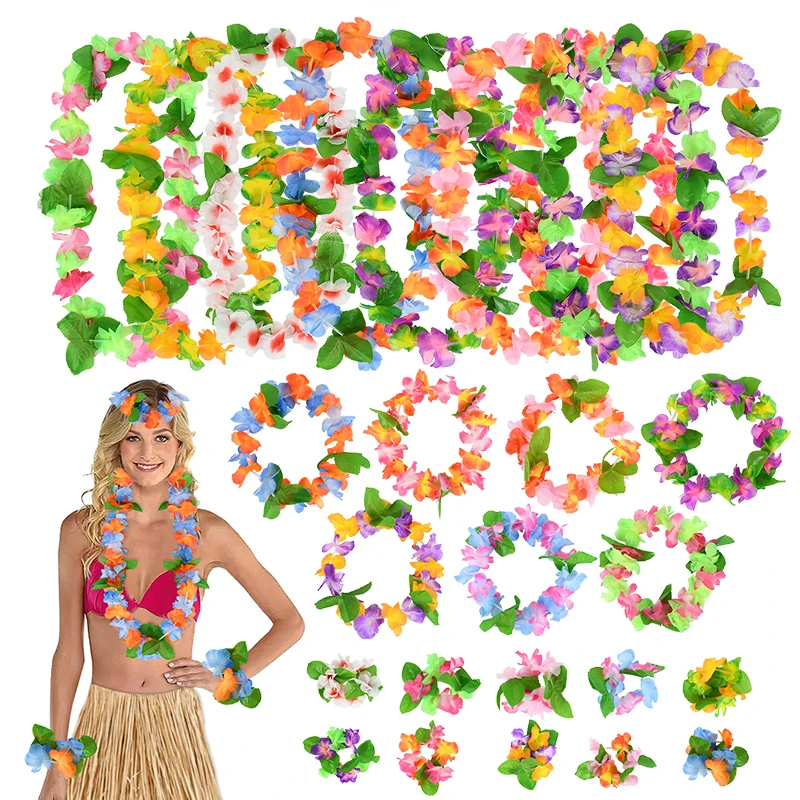 

4pcs/set Hawaiian Wreath Hawaii Beach Flower Necklace Headband Garland Tropical Hawaiian Luau Leis Summer Wedding Party Supplies