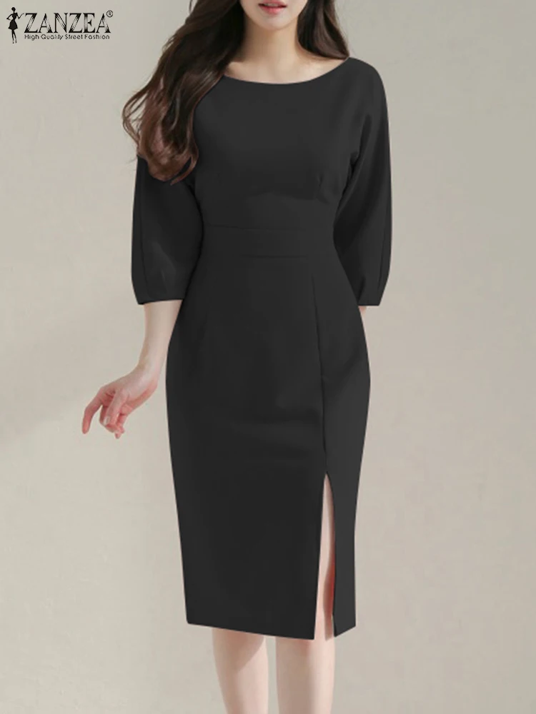 

Женское платье с круглым вырезом, рукавом 3/4 и завышенной талией